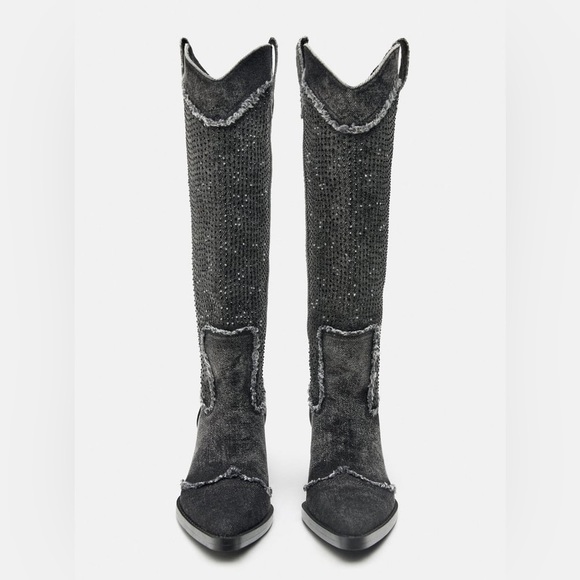 Zara Rhinestone Denim Cowboy Boots - Picture 6 of 10